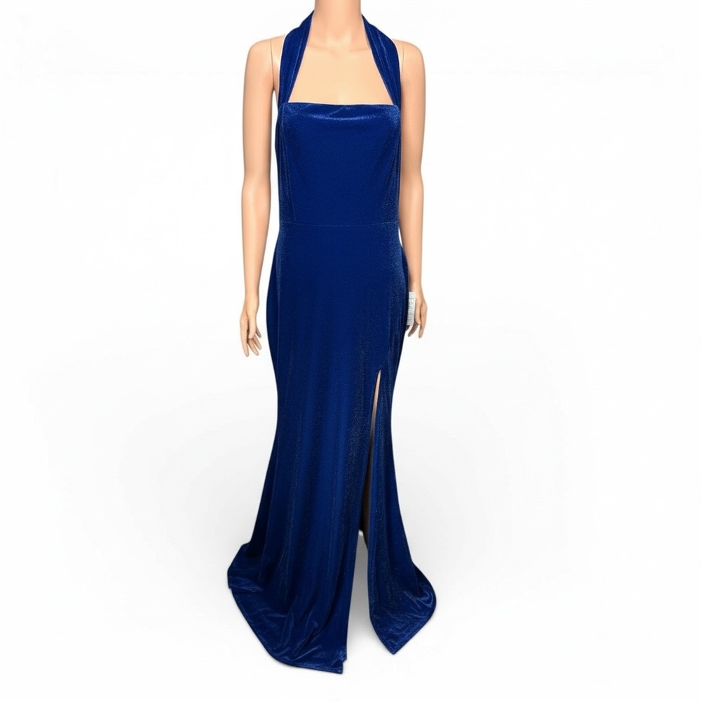NWT Lulus Enchanting Touch Blue Velvet Halter Gown Open Back Slit – Size XL‎